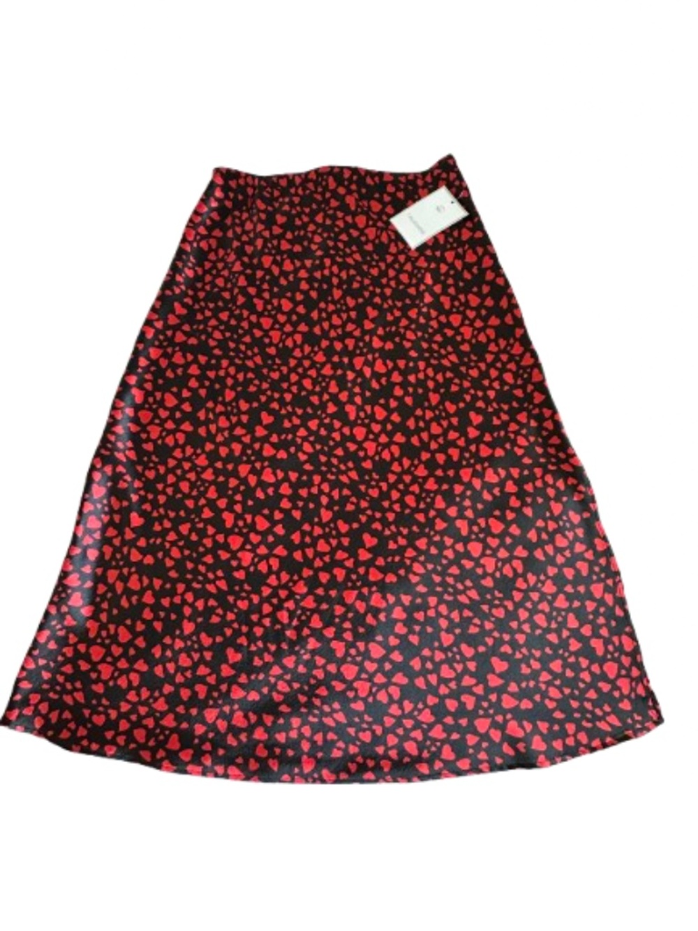 New Calligraphie Women's M Black with Red Heart Print Satin Midi A-Line Skirt